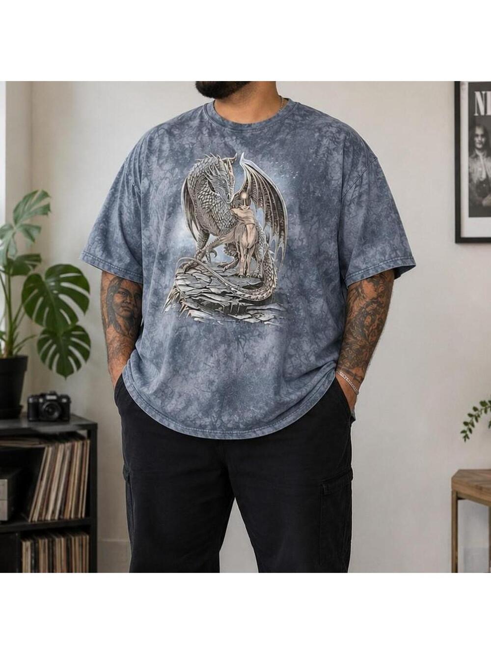 The Mountain Dragon Fantasy Graphic T-Shirt Blue 3XL 100% Cotton